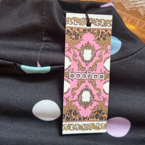 NWT Boohoo Black & Rainbow Polka Dot High Neck Bodycon Dress Size 6 - Picture 3 of 5